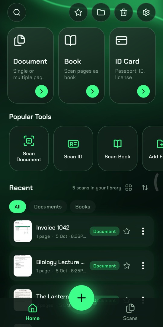 The JadeScan home screen with Document, Book and ID Card scan modes and a list of recent scans