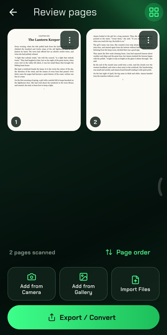 Review pages screen with two scanned book pages and buttons to add pages or export