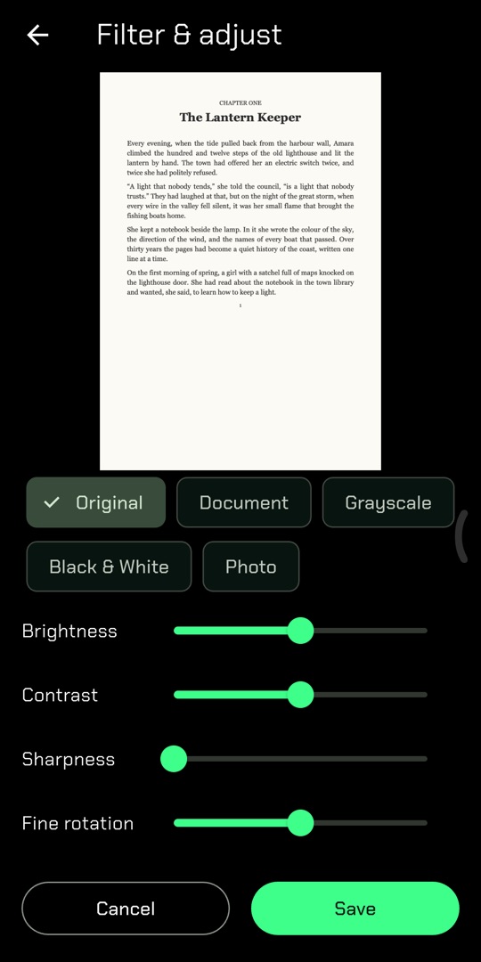 Filter and adjust screen with Original, Document, Grayscale, Black and White and Photo filters and sliders