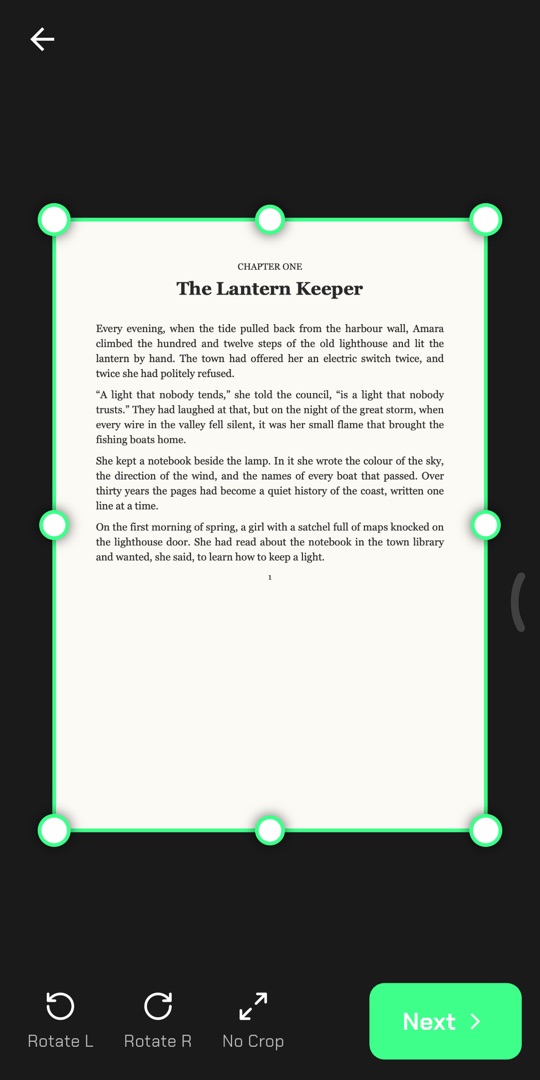 Crop screen with handles around a scanned page