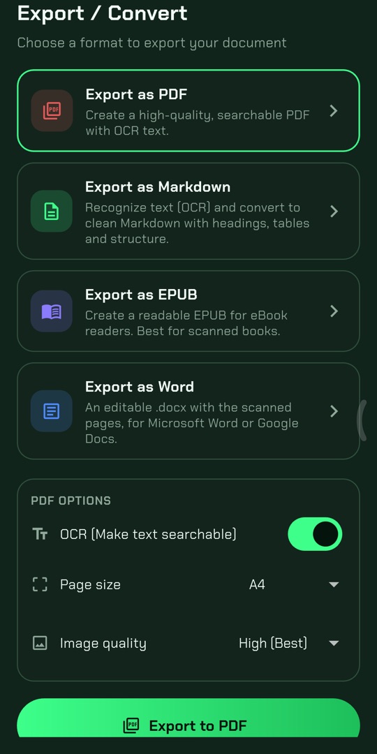 Export sheet listing PDF, Markdown, EPUB and Word with PDF options