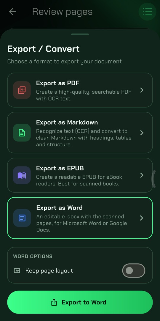 Word export option with a Keep page layout switch