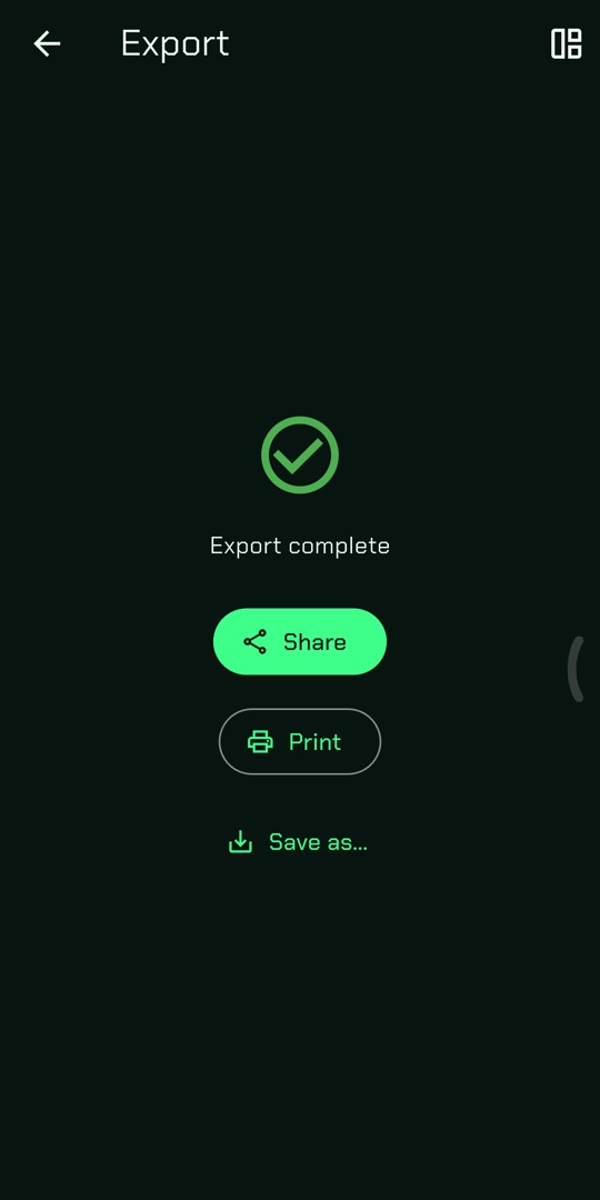 Export complete screen with Share, Print and Save as buttons